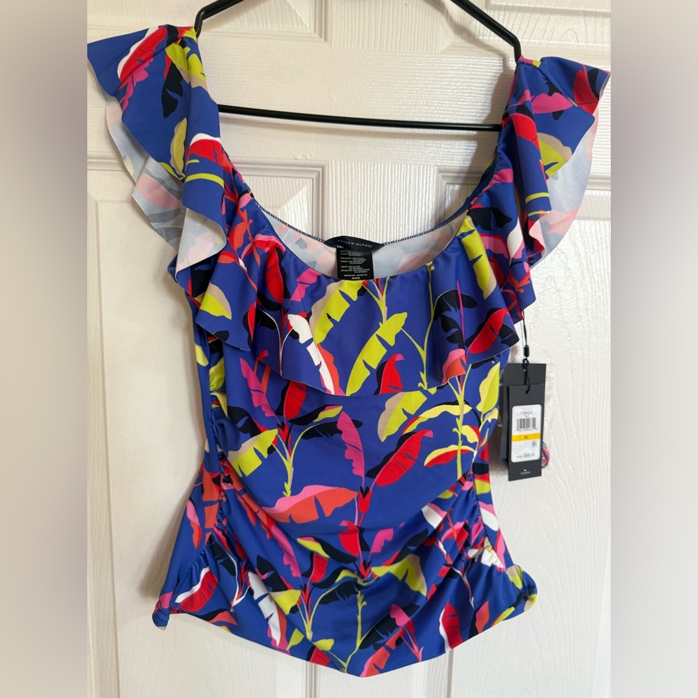 Tommy Hilfiger Ruffle Floral Tankini Tummy Control UPF/SPF 50+ Swim Retails $88